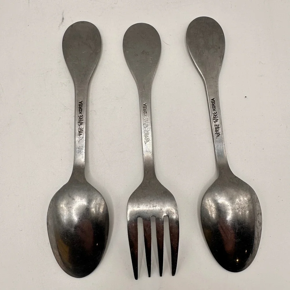 Vintage Tommee Tippee Korea Stainless Steel Baby Fork Spoon Teddy Bear 3 Piece